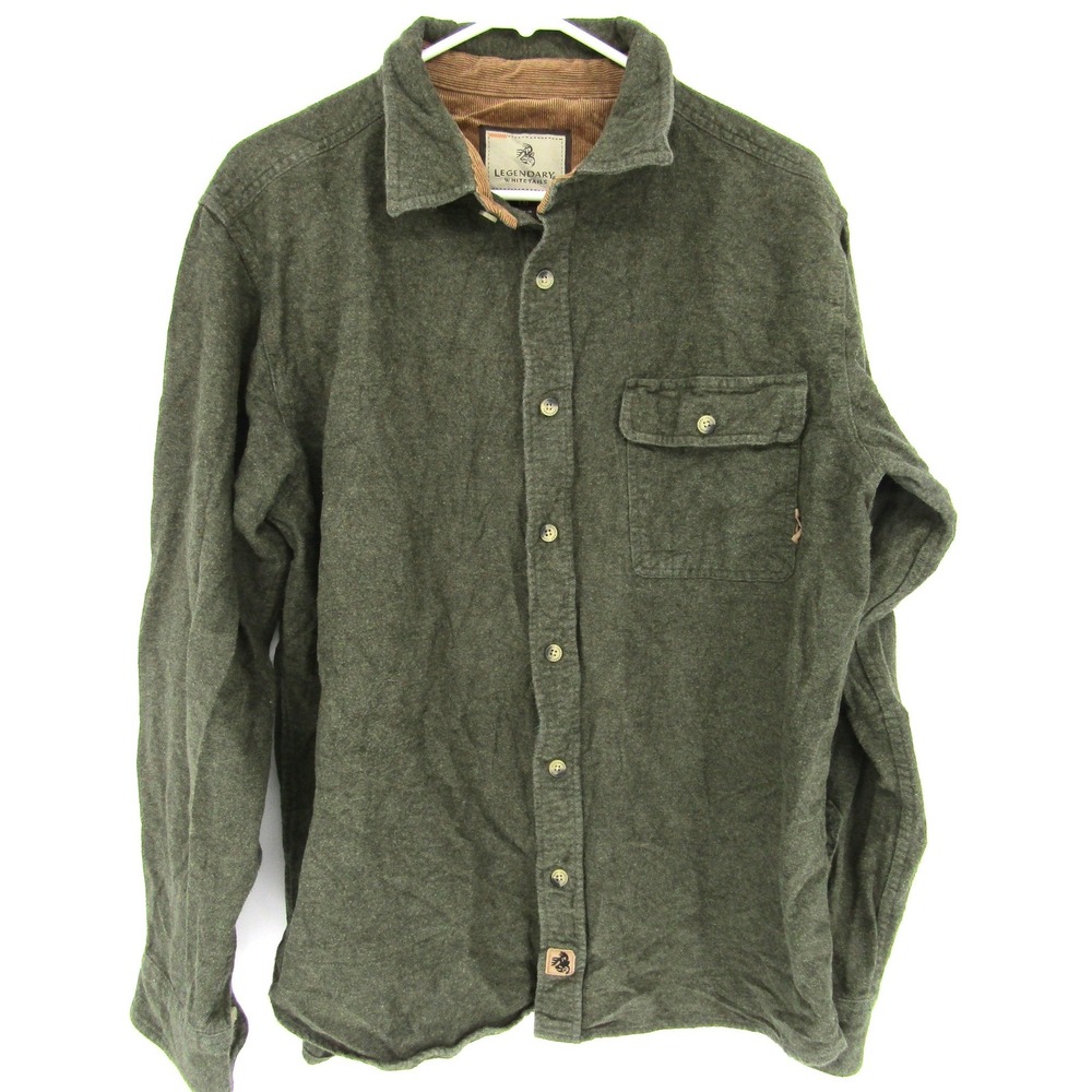 Legendary Whitetails Flannel Shirt Mens Large Green Cotton Corduroy Trim